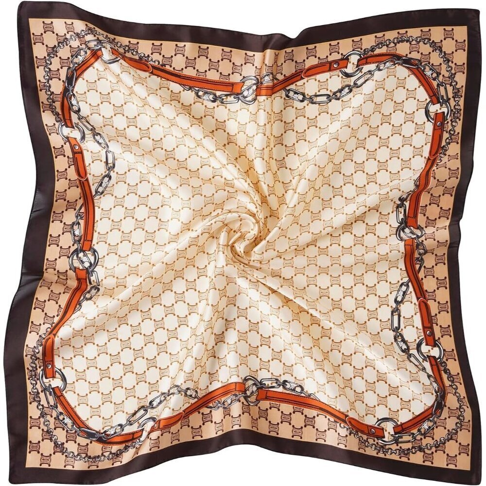Women Beige Chain Headscarf Satin Bandana Pattern Polyester Breathable Scarves